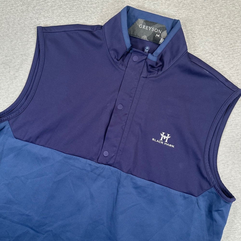 Greyson Golf Vest Men Large Blue Colorblock Snap Mock Neck Black Hawk Logo